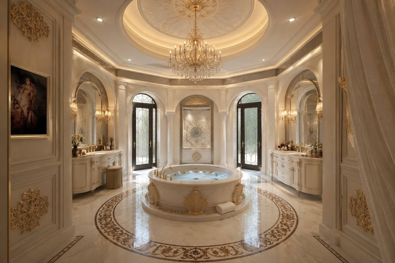 Master bathroom with oval marble tub, Bahri Villa South, Doha, Qatar