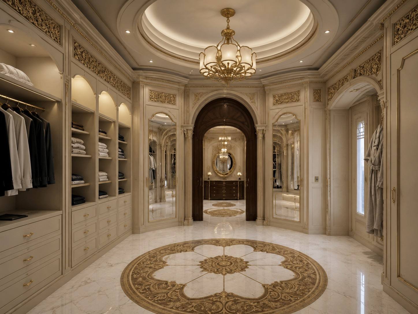Walk-in wardrobe with marble medallion floor, Bahri Villa South, Doha, Qatar