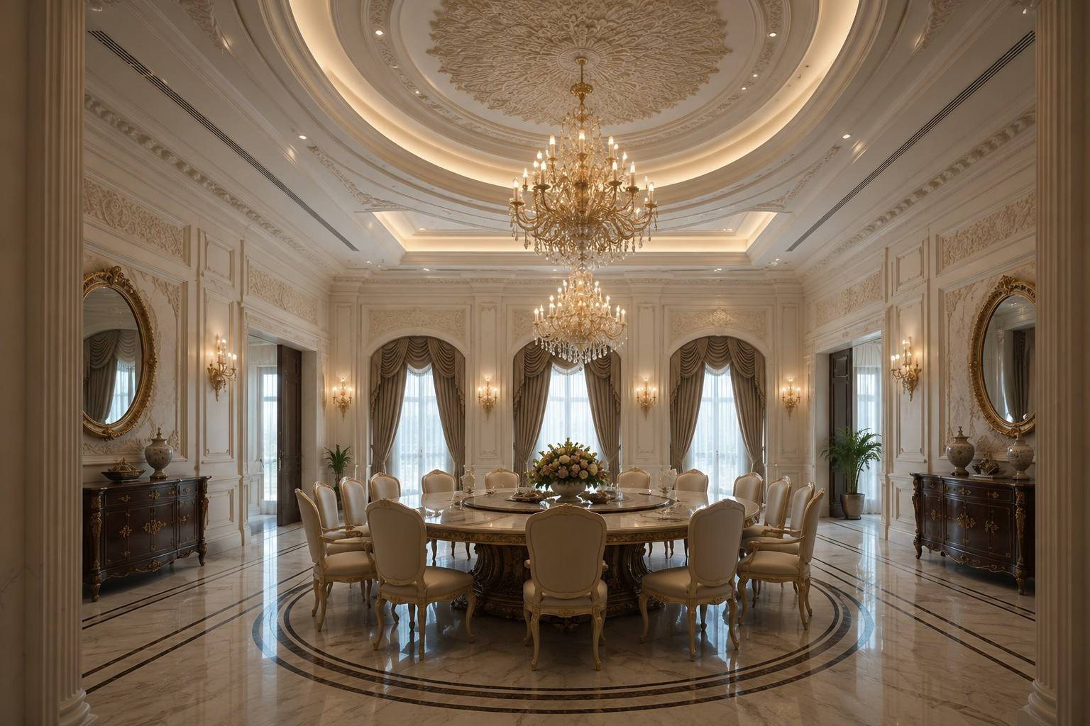 Formal round dining room beneath a domed ceiling, Bahri Villa South, Doha, Qatar