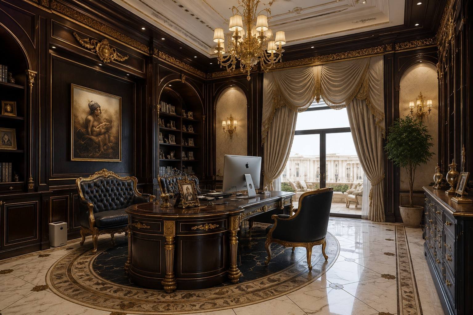 Home office with dark wood panelling and gold trim, Bahri Villa South, Doha, Qatar