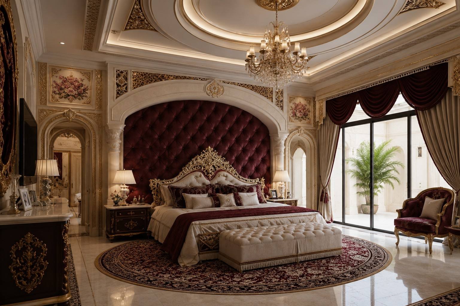 Master bedroom with tufted burgundy headboard wall, Bahri Villa South, Doha, Qatar