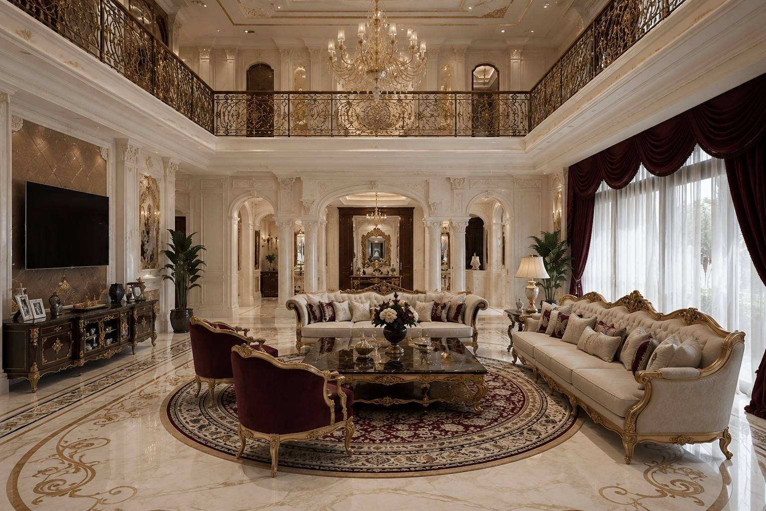 Double-height living room with gold balcony railing, Bahri Villa South, Doha, Qatar
