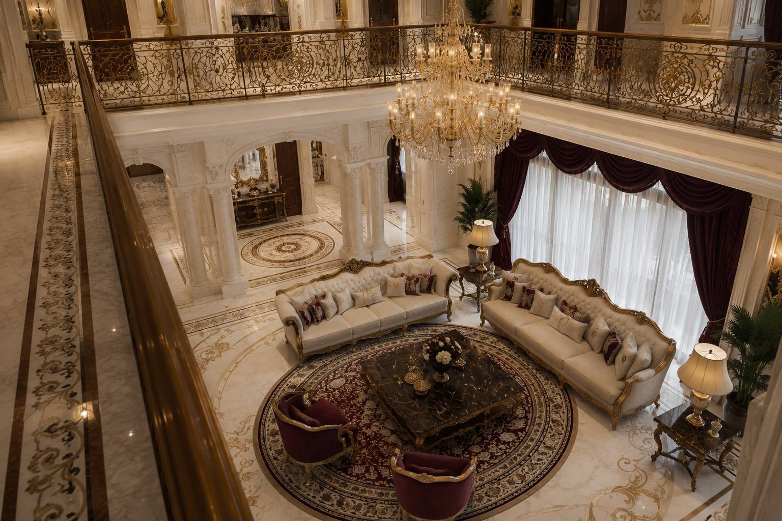 Living room, viewed from the upper balcony, Bahri Villa South, Doha, Qatar