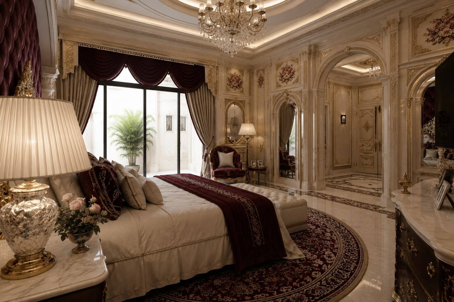 Guest bedroom with burgundy accents and crystal chandelier, Bahri Villa South, Doha, Qatar