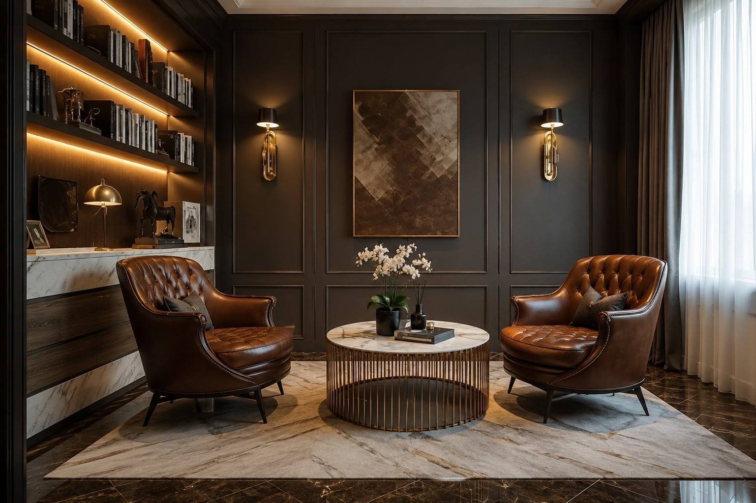 Cigar lounge with leather armchairs, Half Moon Bay Villa, Saudi Arabia