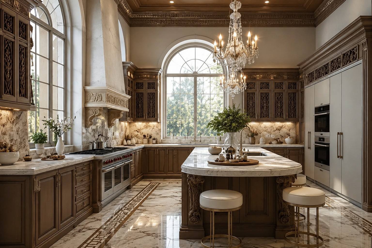 Kitchen with carved marble hood, Half Moon Bay Villa, Saudi Arabia