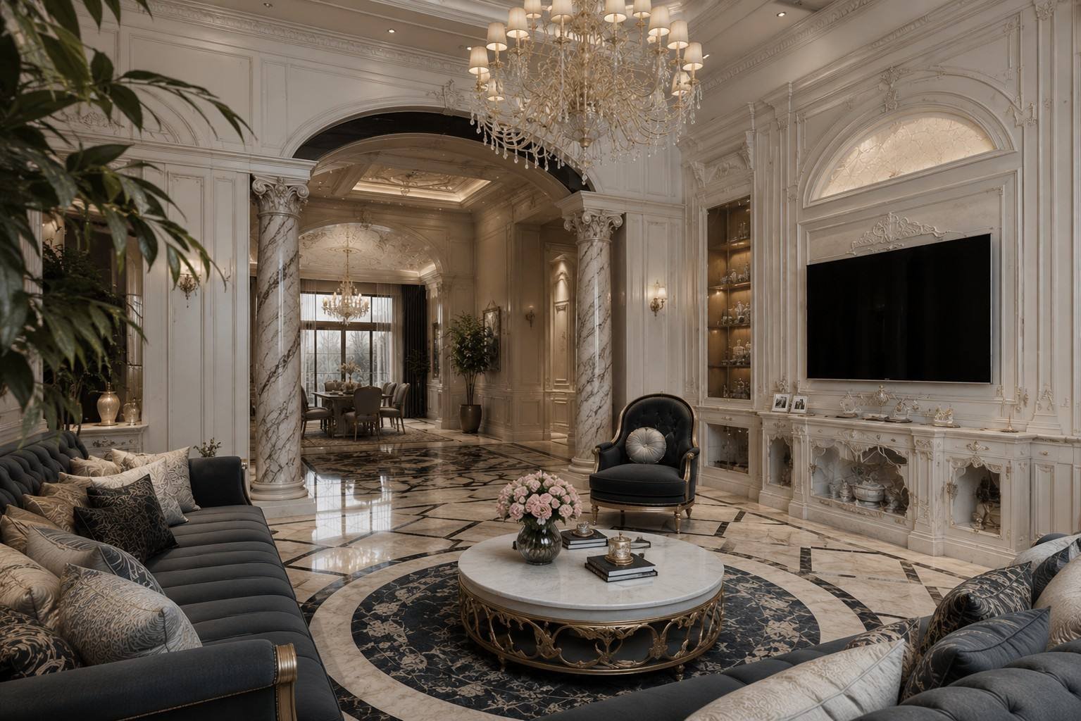 Living room opening onto the formal dining room, Half Moon Bay Villa, Saudi Arabia