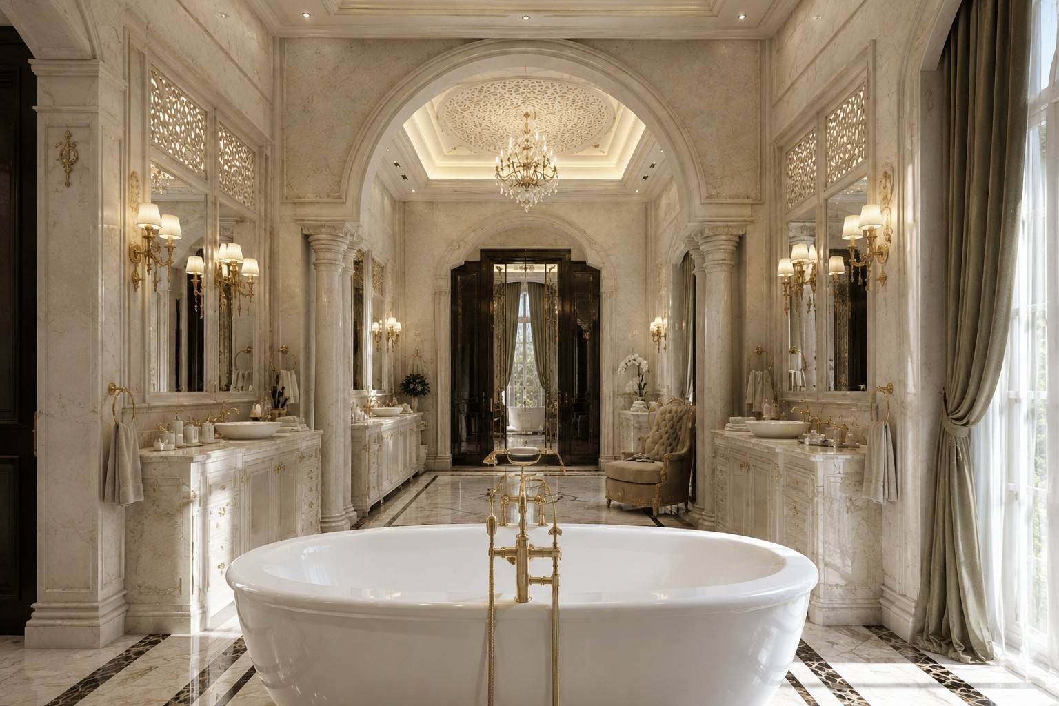 Master bathroom hallway with dual vanities, Half Moon Bay Villa, Saudi Arabia