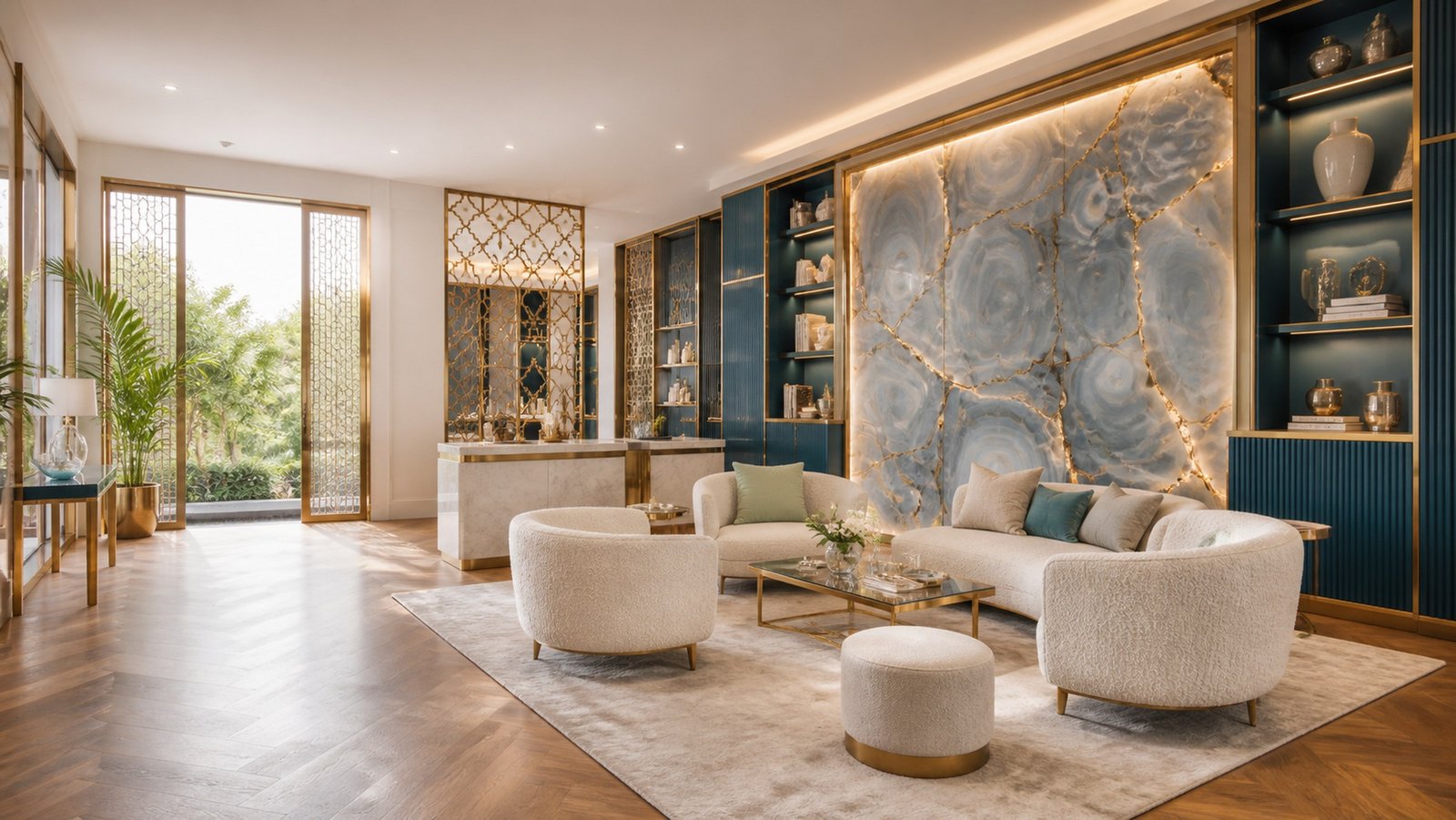 Ultra-luxury living room with boucle curved sofas, backlit blue agate feature wall and gold accents — Blaine Robert Design, India