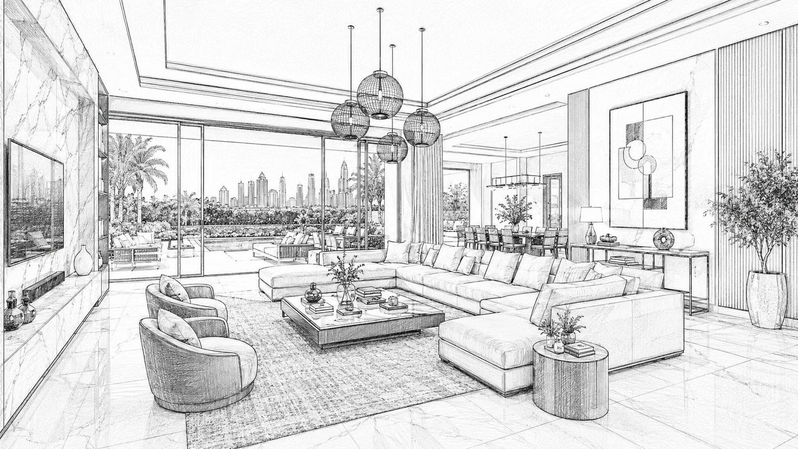 Architectural concept sketch of a luxury Indian living room with layered pendant lighting and a marble feature wall — home interior design ideas, Blaine Robert Design