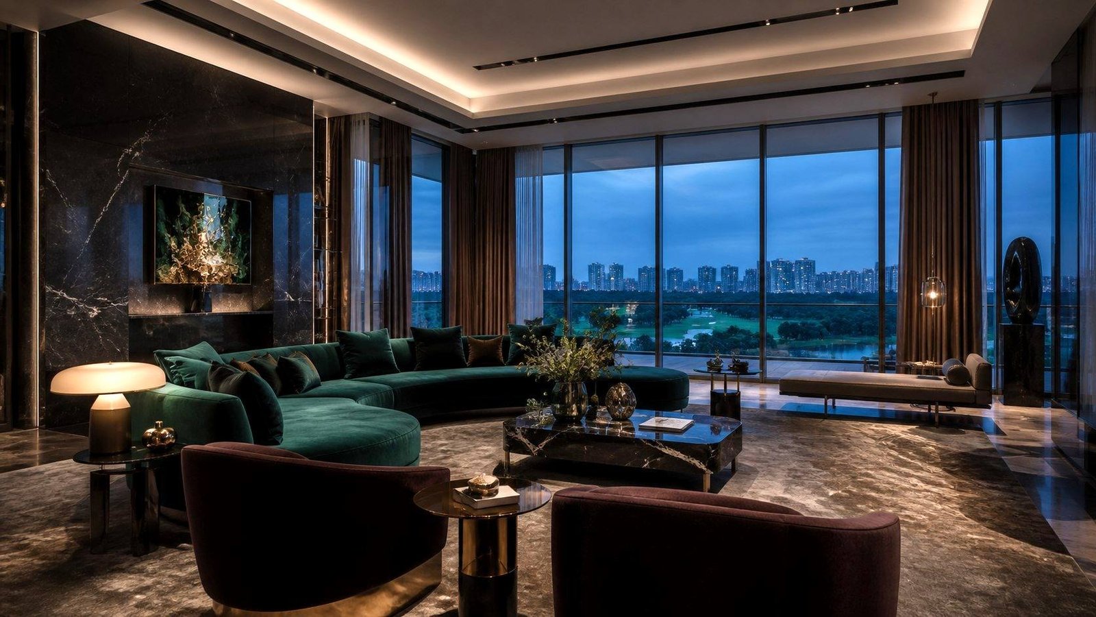 Ultra-luxury living room with infinity-edge finishes and layered lighting at dusk — the standard of luxury renovation Blaine Robert Design builds to