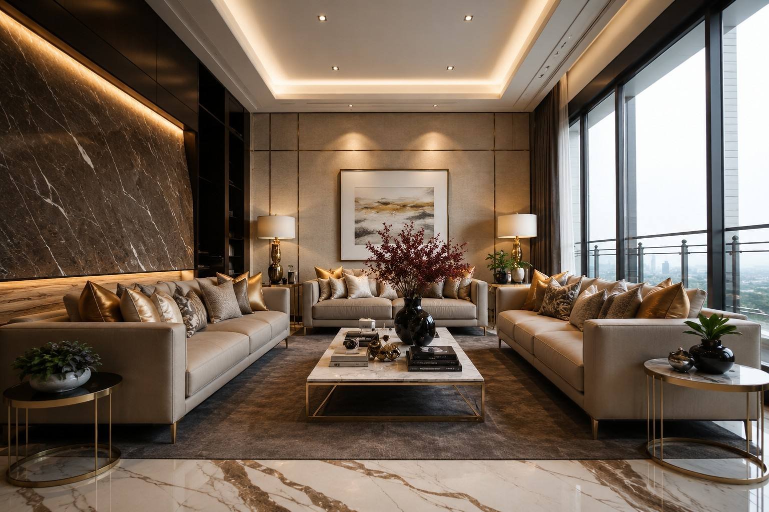 Living room with marble feature wall and city view, Marina Bay Apartment, Singapore
