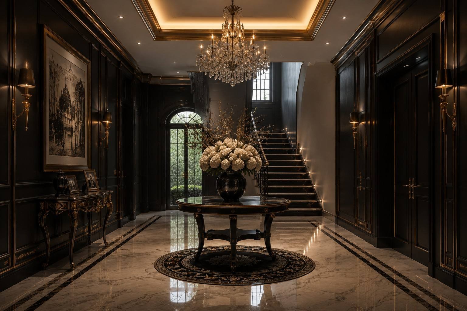 Entrance hall with round table and staircase, Palm Jumeirah Villa, Dubai — Blaine Robert Design