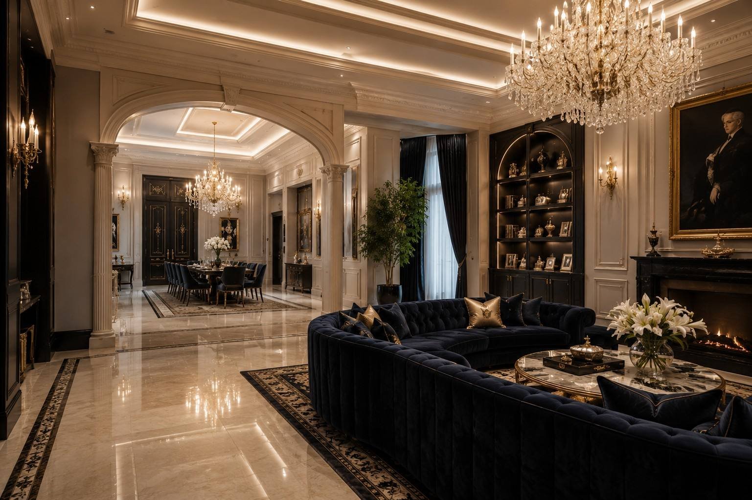 Living and dining room through an archway, Palm Jumeirah Villa, Dubai