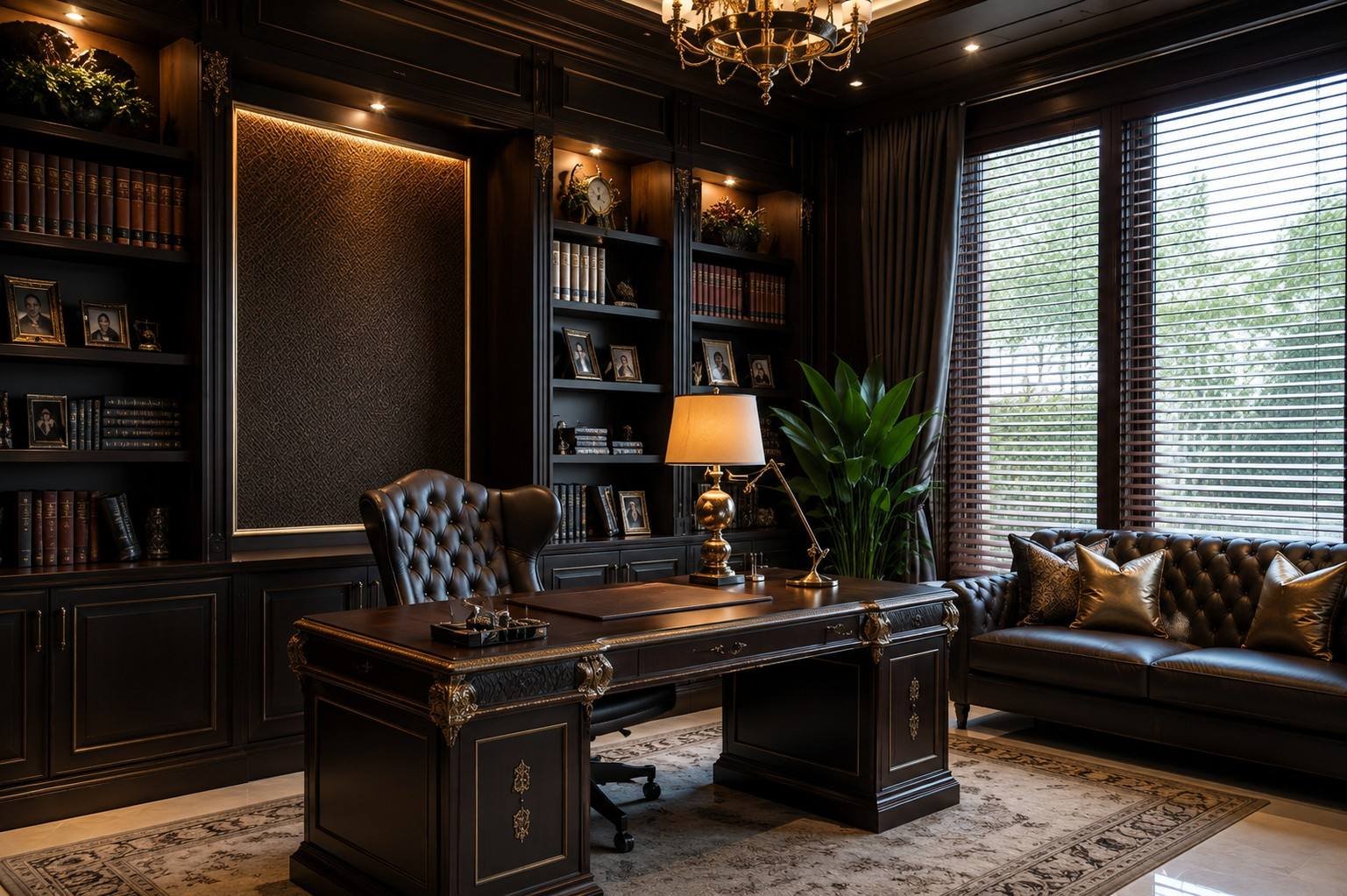 Home office with bookshelves and leather desk chair, Palm Jumeirah Villa, Dubai