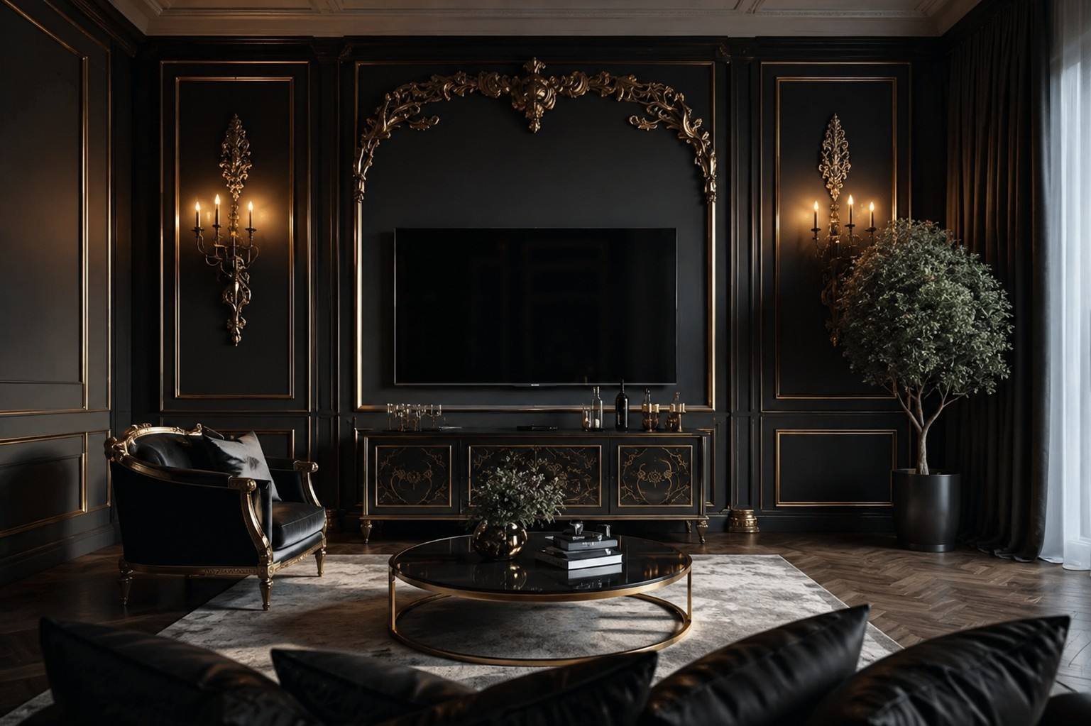 Black and gold media wall lounge, Palm Jumeirah Villa, Dubai