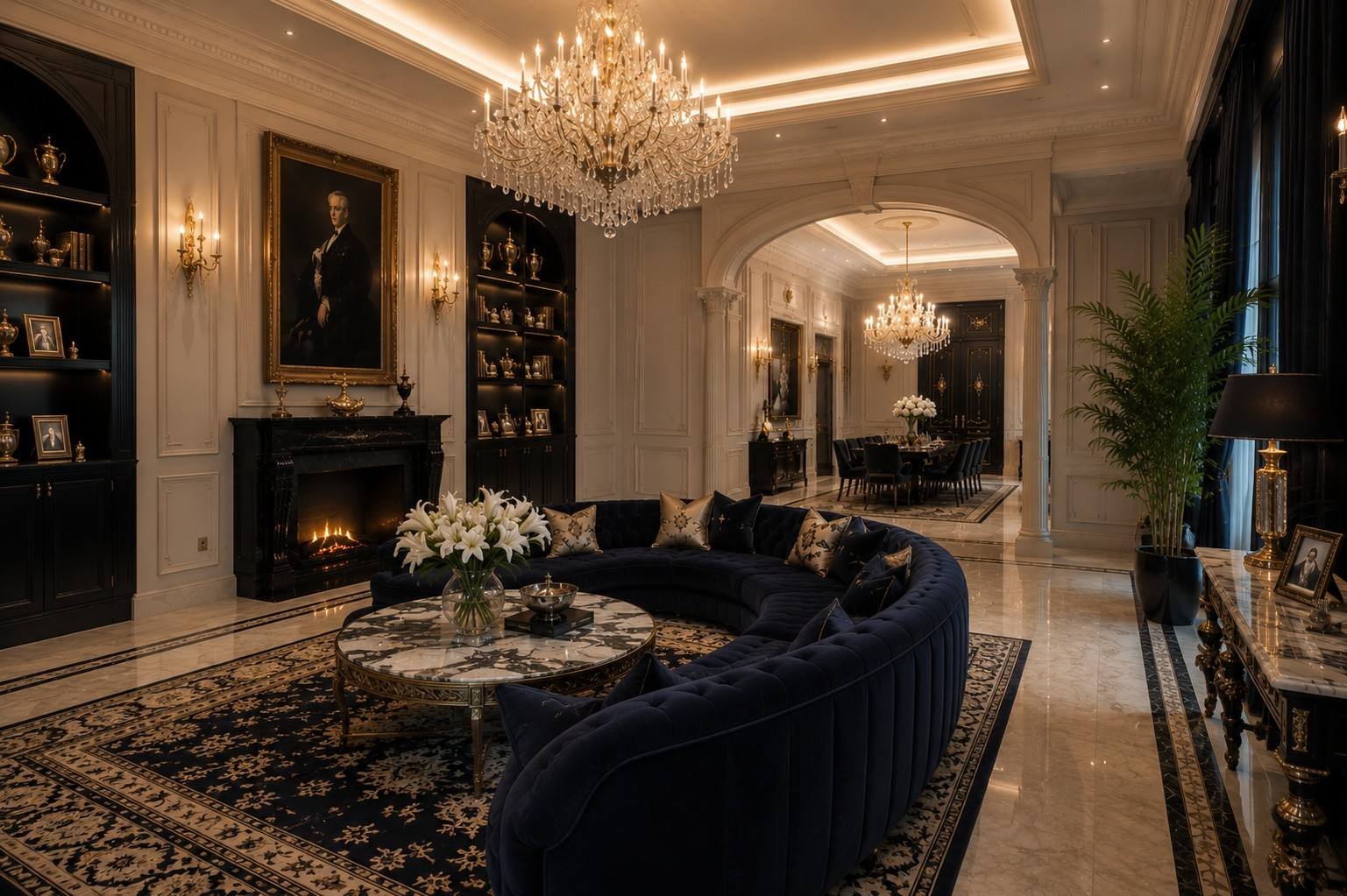 Living room with portrait and black tufted sofa, Palm Jumeirah Villa, Dubai