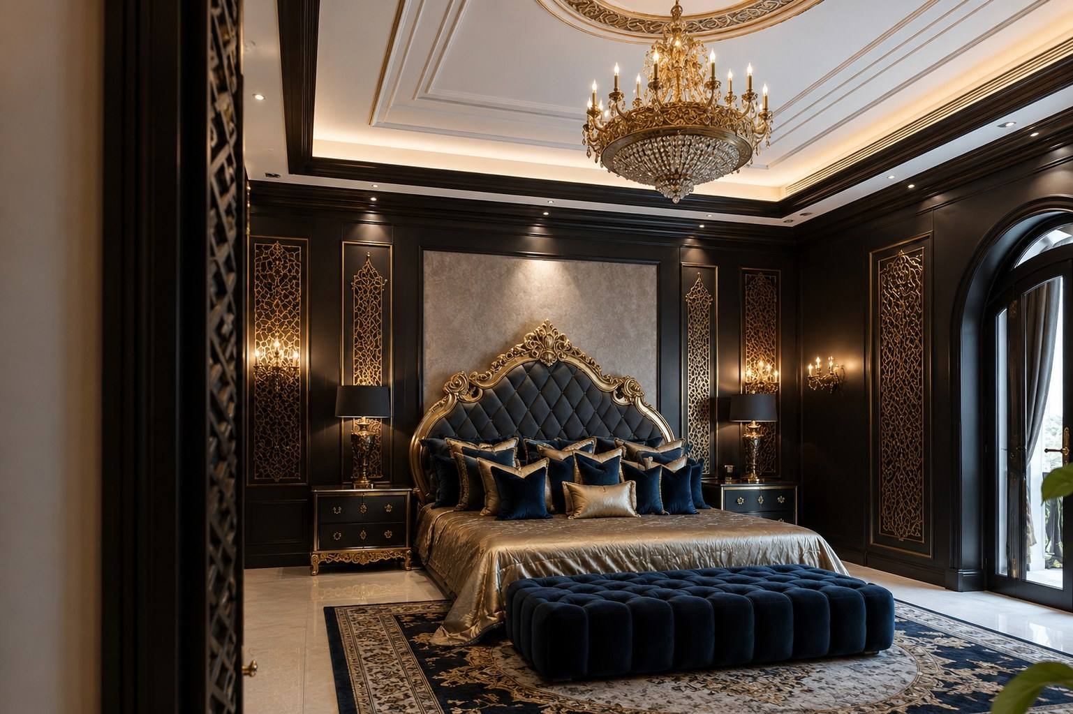 Master bedroom with tufted navy headboard and crystal chandelier, Palm Jumeirah Villa, Dubai