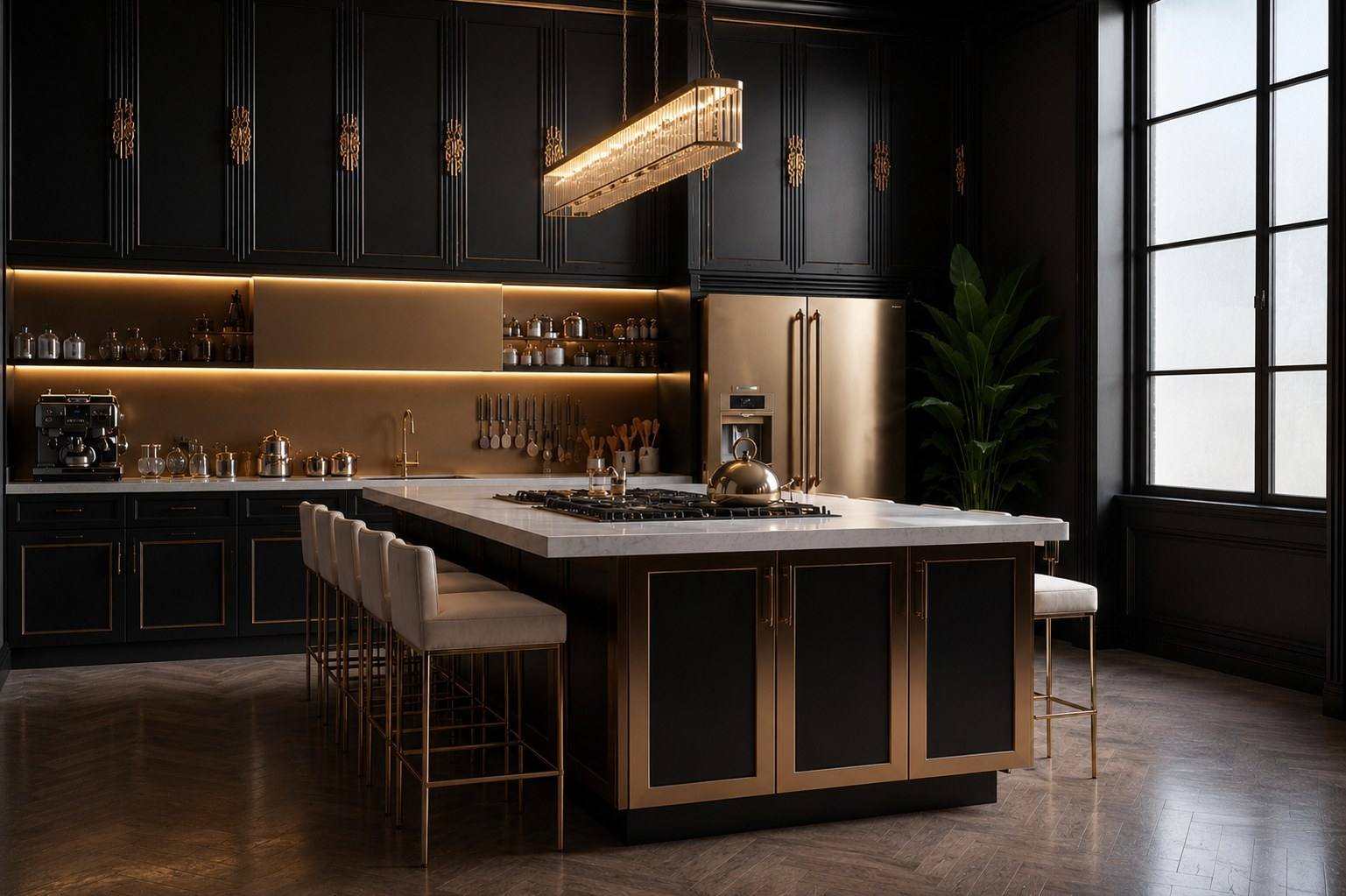 Black and gold kitchen with marble island, Palm Jumeirah Villa, Dubai