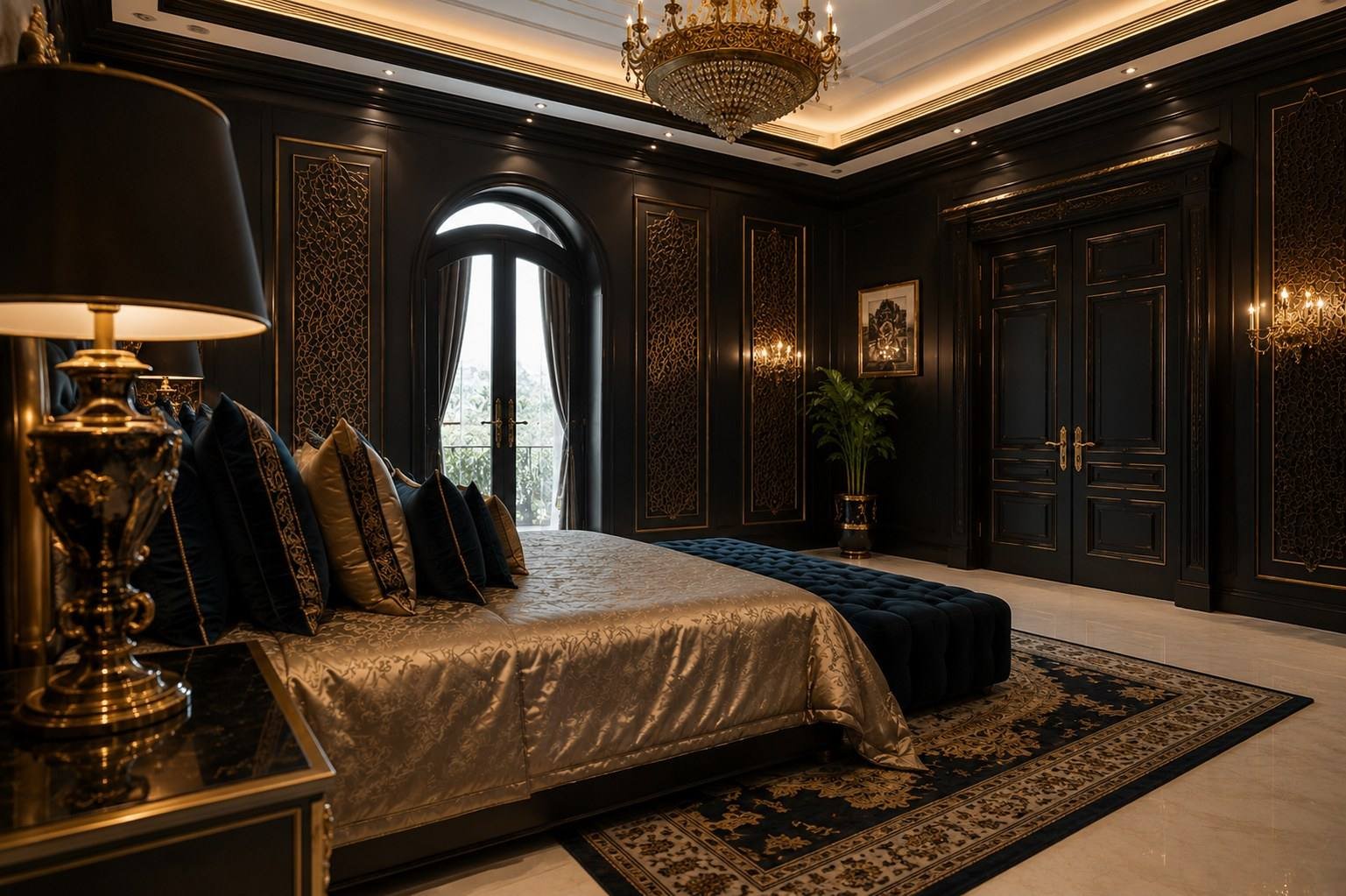 Bedroom with fretwork wall panels and arched balcony door, Palm Jumeirah Villa, Dubai