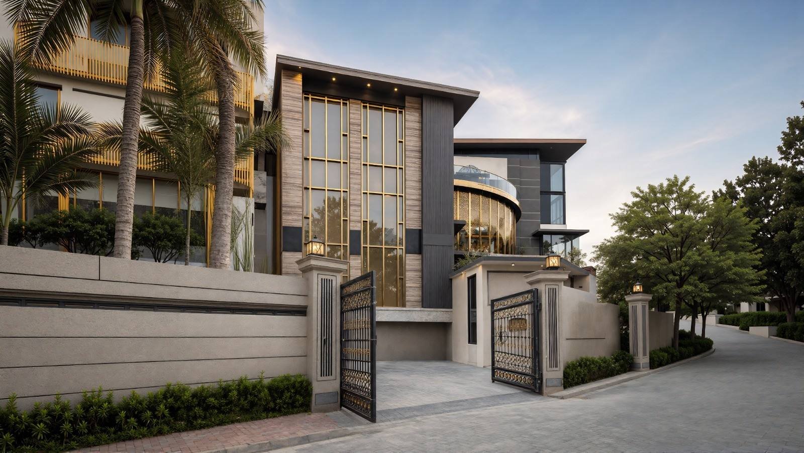 Gated entrance and facade at dusk, The Peak Mansion, Ampang, Kuala Lumpur