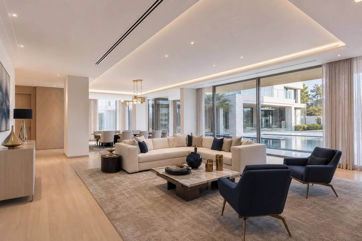 Foyer and staircase, District One Mansion, District One, Dubai — interior design by Blaine Robert Design