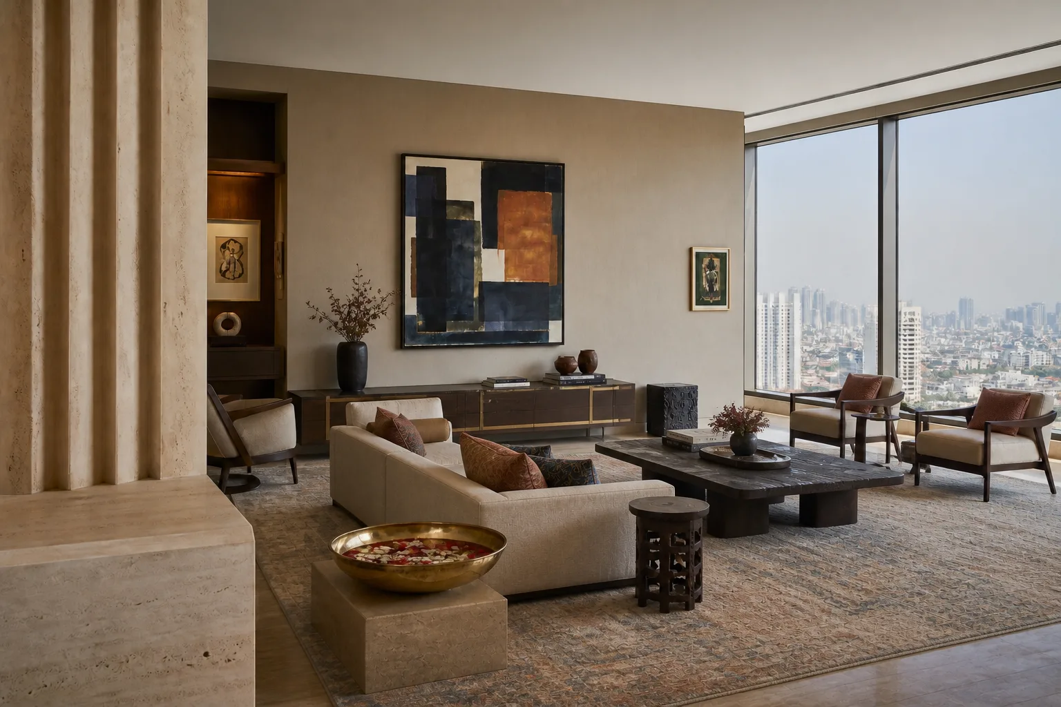 Garden-facing living salon, DLF The Dahlias, Gurugram — interior design concept by Blaine Robert Design