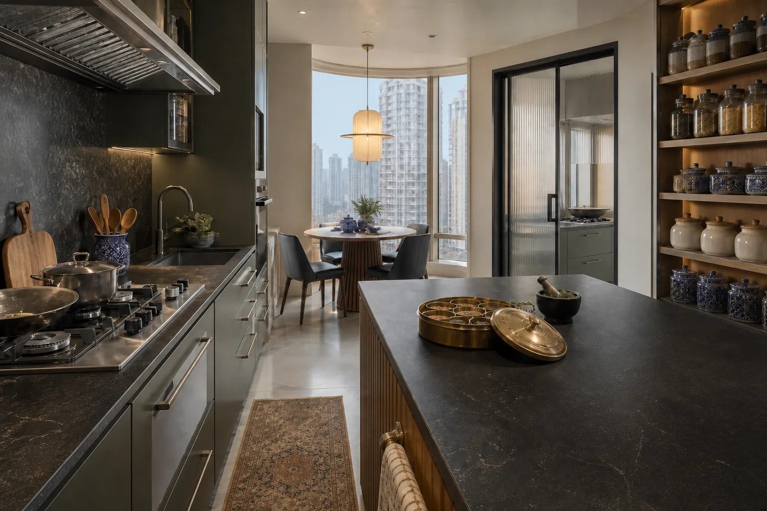 Show kitchen and breakfast area, DLF The Dahlias, Gurugram — interior design concept by Blaine Robert Design