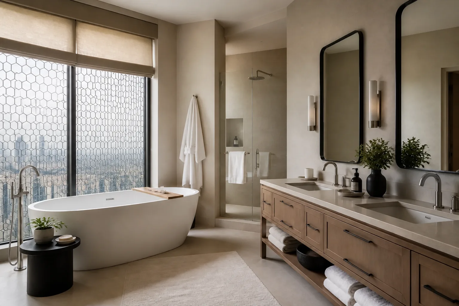 Principal bathroom, DLF The Dahlias, Gurugram — interior design concept by Blaine Robert Design