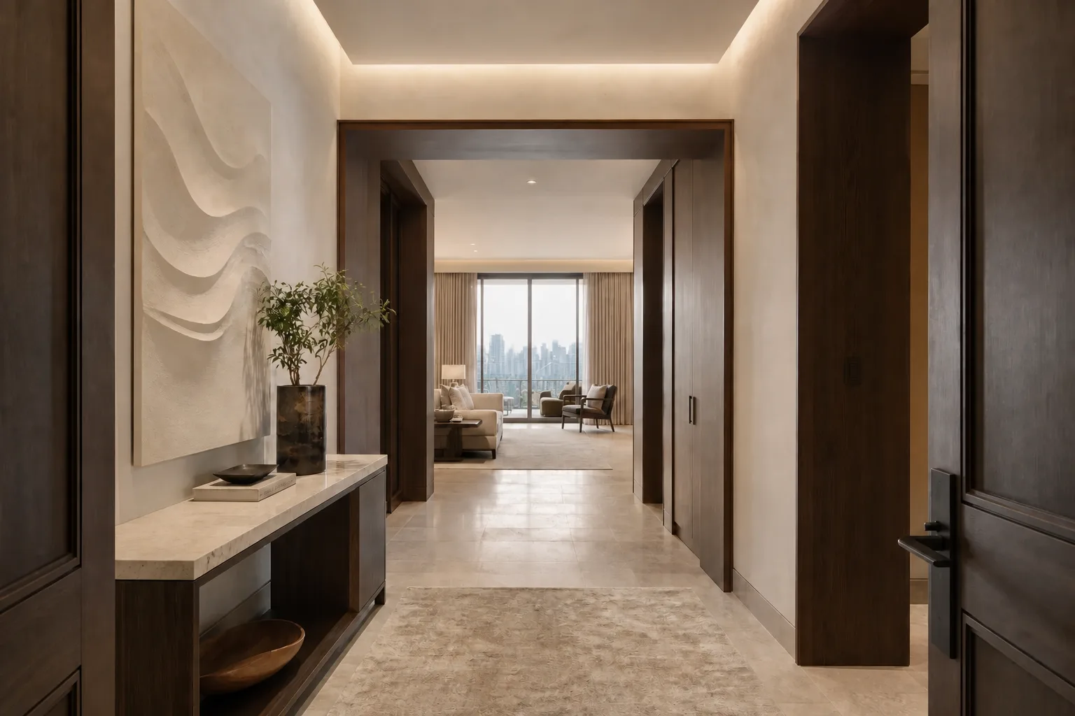 Entrance gallery, DLF The Dahlias, Gurugram — interior design concept by Blaine Robert Design