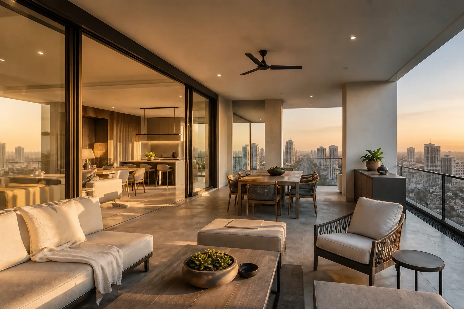 Covered garden terrace, DLF The Dahlias, Gurugram — interior design concept by Blaine Robert Design