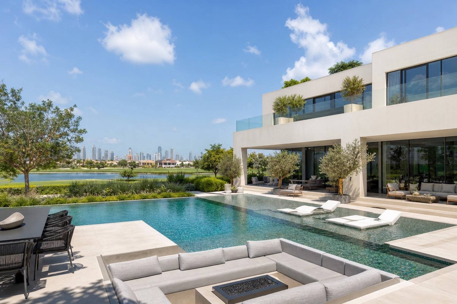 Pool deck, Emirates Hills Villa, Emirates Hills, Dubai — interior design by Blaine Robert Design