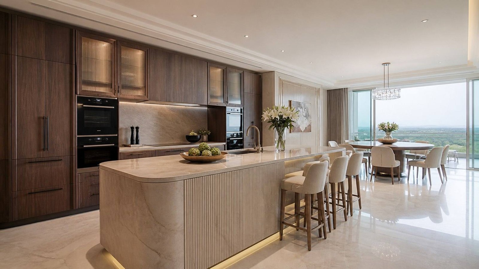 Show kitchen with dark cabinetry and stone island, The Camellias, Gurugram, India — interior design by Blaine Robert Design