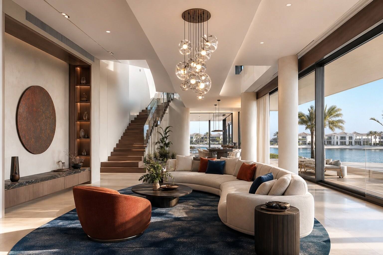 Living room with sculptural staircase and curved sofa — luxury interior design consultation by Blaine Robert Design
