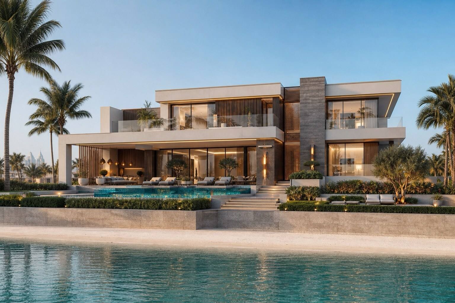 Ultra-luxury waterfront villa with infinity pool and palm-lined terrace at dusk — Blaine Robert Design, India