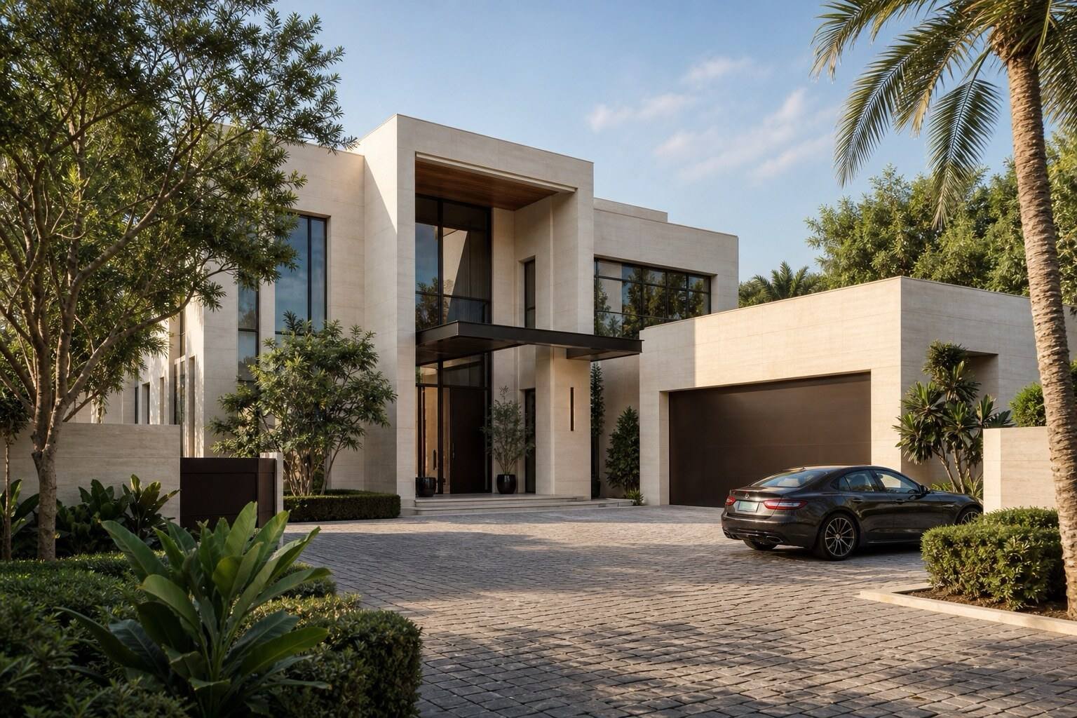 Ultra-luxury modern villa exterior with travertine facade, glass entrance and private driveway — villa interior design by Blaine Robert Design, India