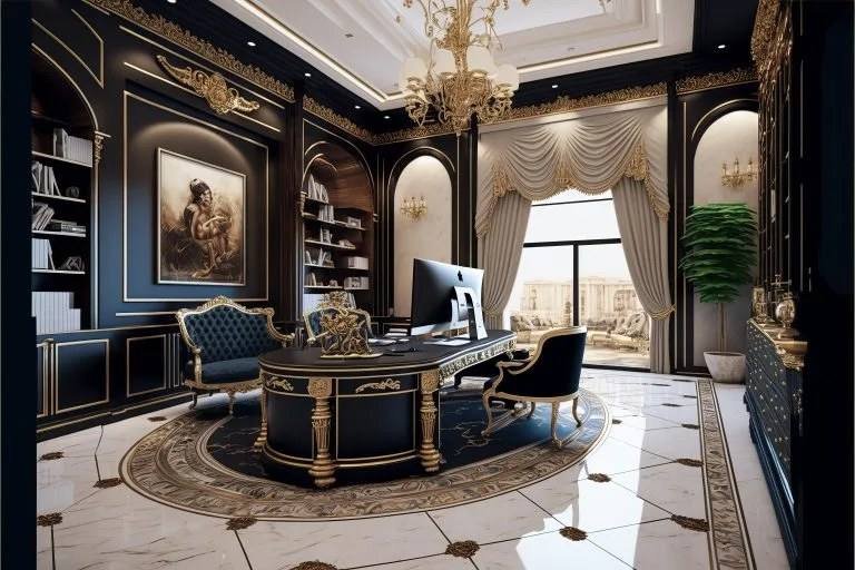 Home office with ornate navy and gold furnishings, Bahri Villa South, Doha, Qatar — interior design by Blaine Robert Design