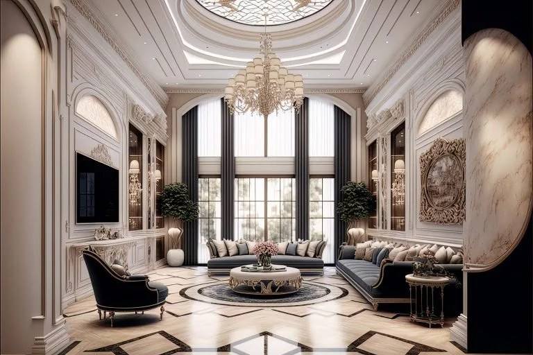 Grand living room with gold-detailed ceiling, Half Moon Bay Villa, Saudi Arabia — interior design by Blaine Robert Design